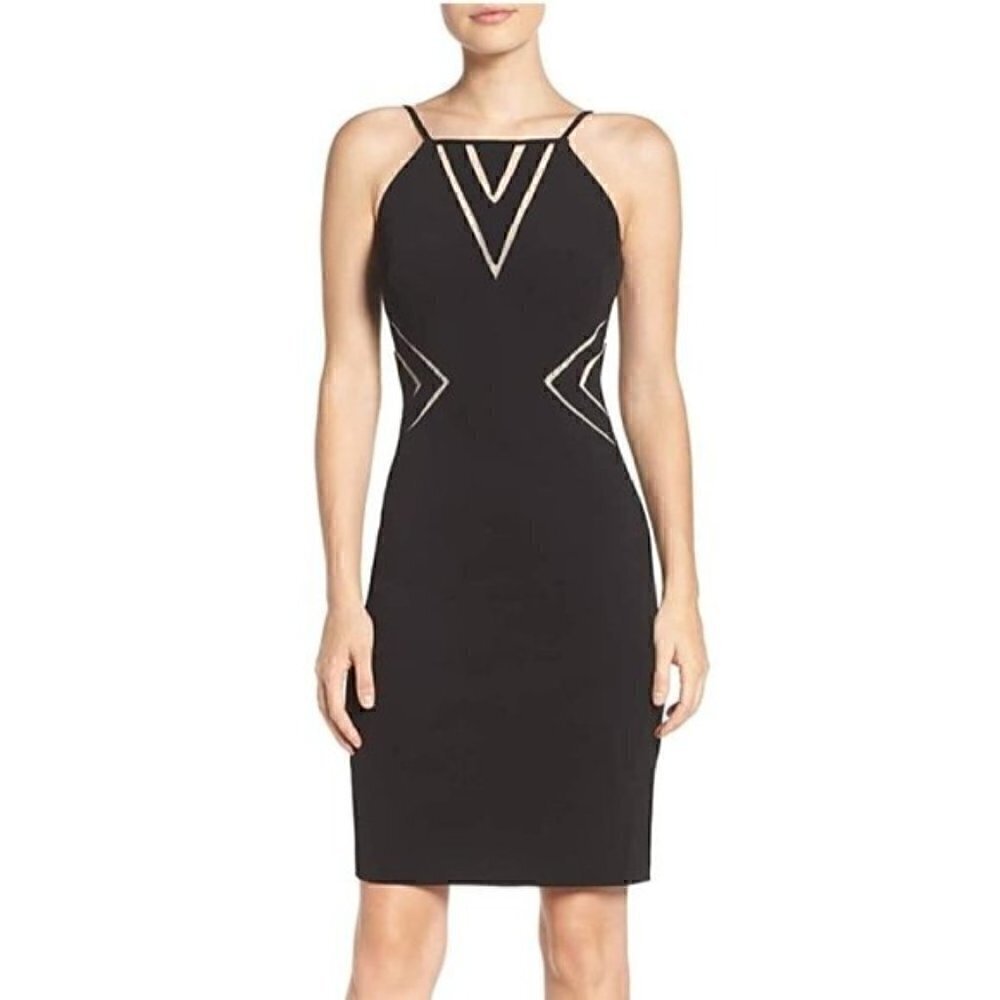 Aidan Mattox Dress 10 NWT Cutaway Crepe Halter Jersey Mesh Sheer Detail Illusion